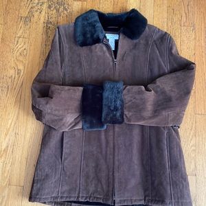 Brown Suede Coat fur trimmed neck inside and sleeves …side snap belt